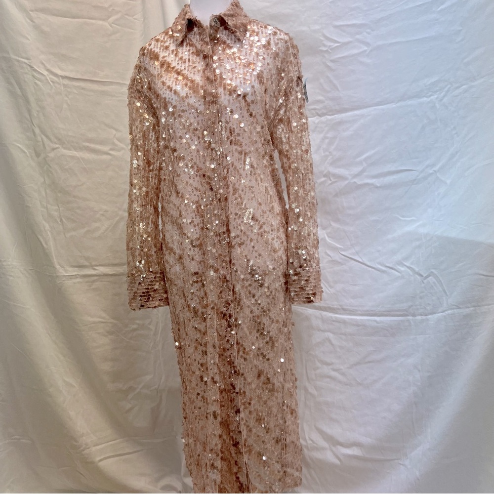 ZARA rose gold sequin collared duster with snap-up front.